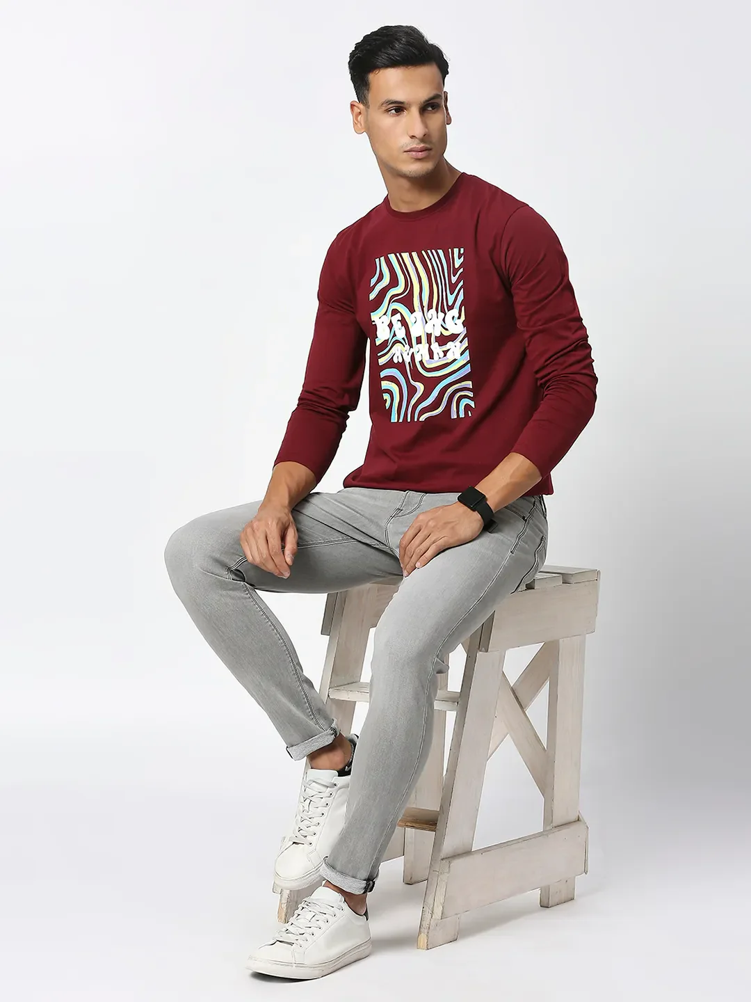 Red Regular Fit Men's Long Sleeves T-Shirt by Being Human Clothing