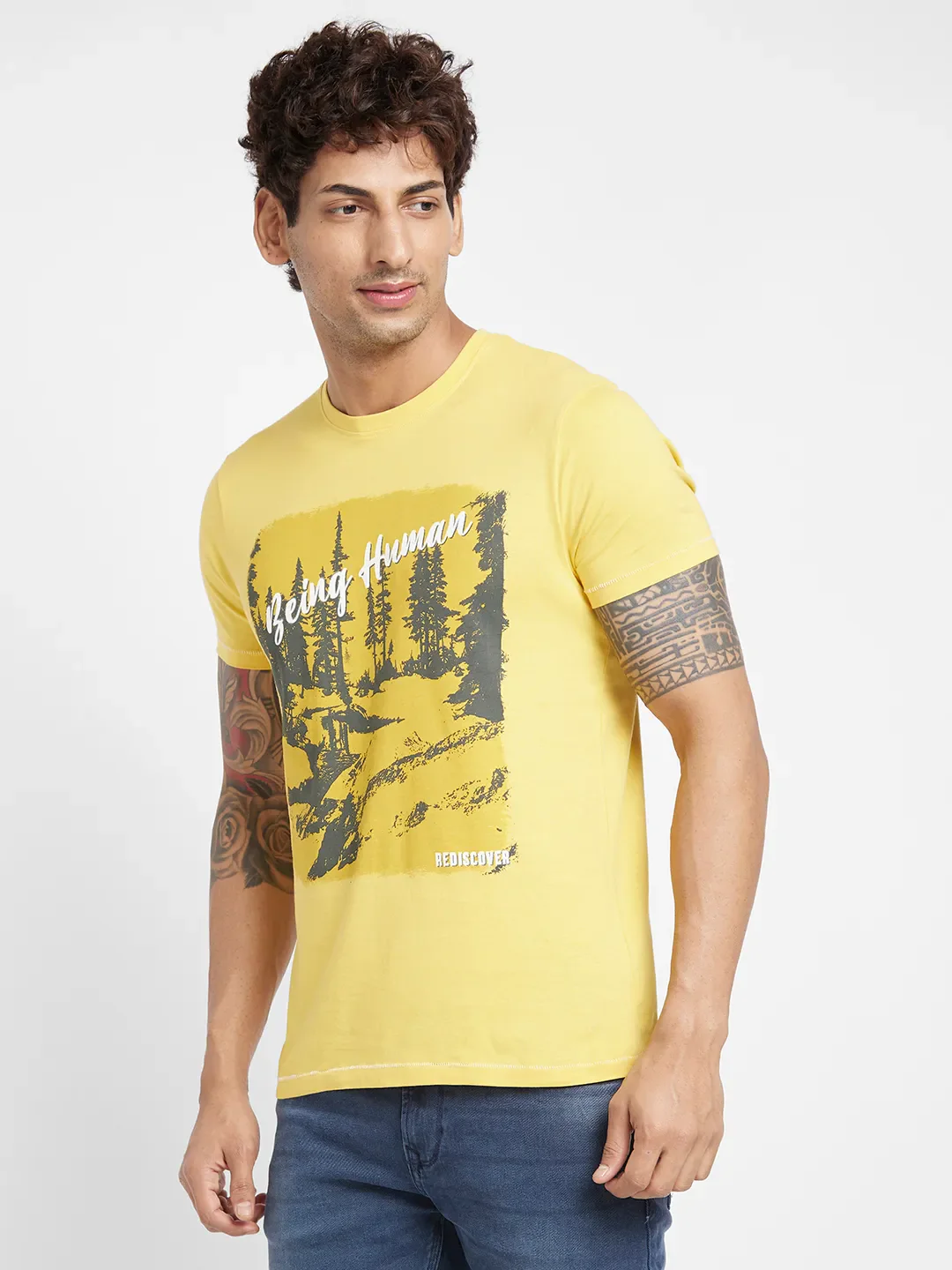 Yellow Regular Fit Round Neck Men's T-Shirt by Being Human Clothing - Image 3