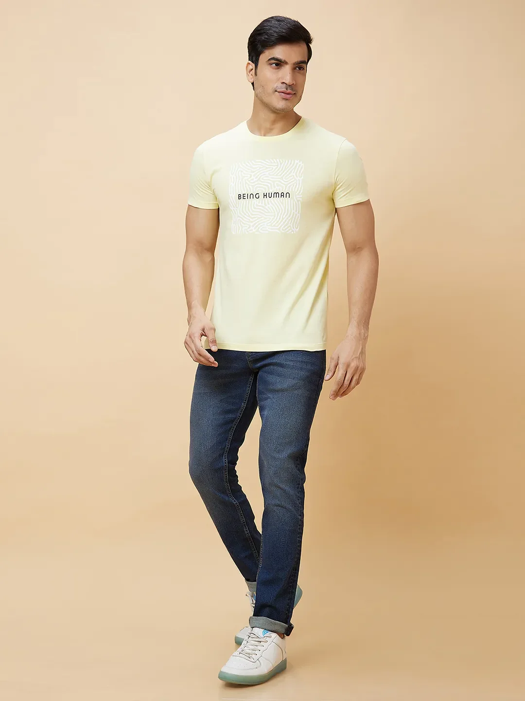 Yellow Regular Fit Round Neck Men's T-Shirt by Being Human Clothing