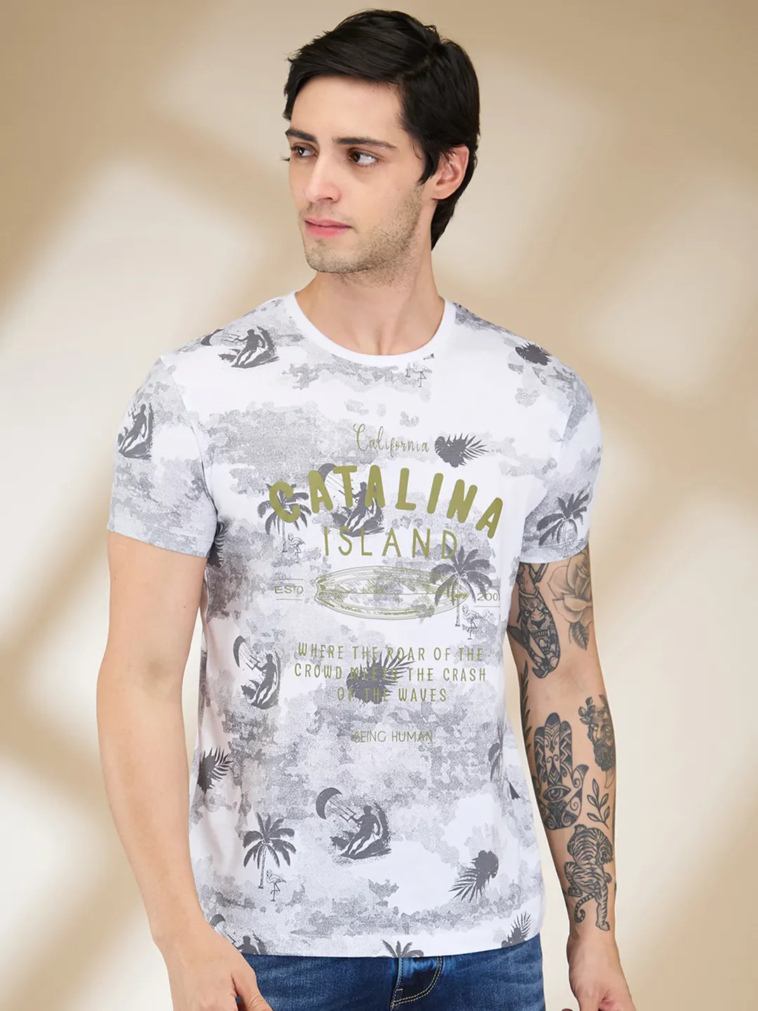White Slim Fit Men's Short Sleeves T-Shirt by Being Human Clothing