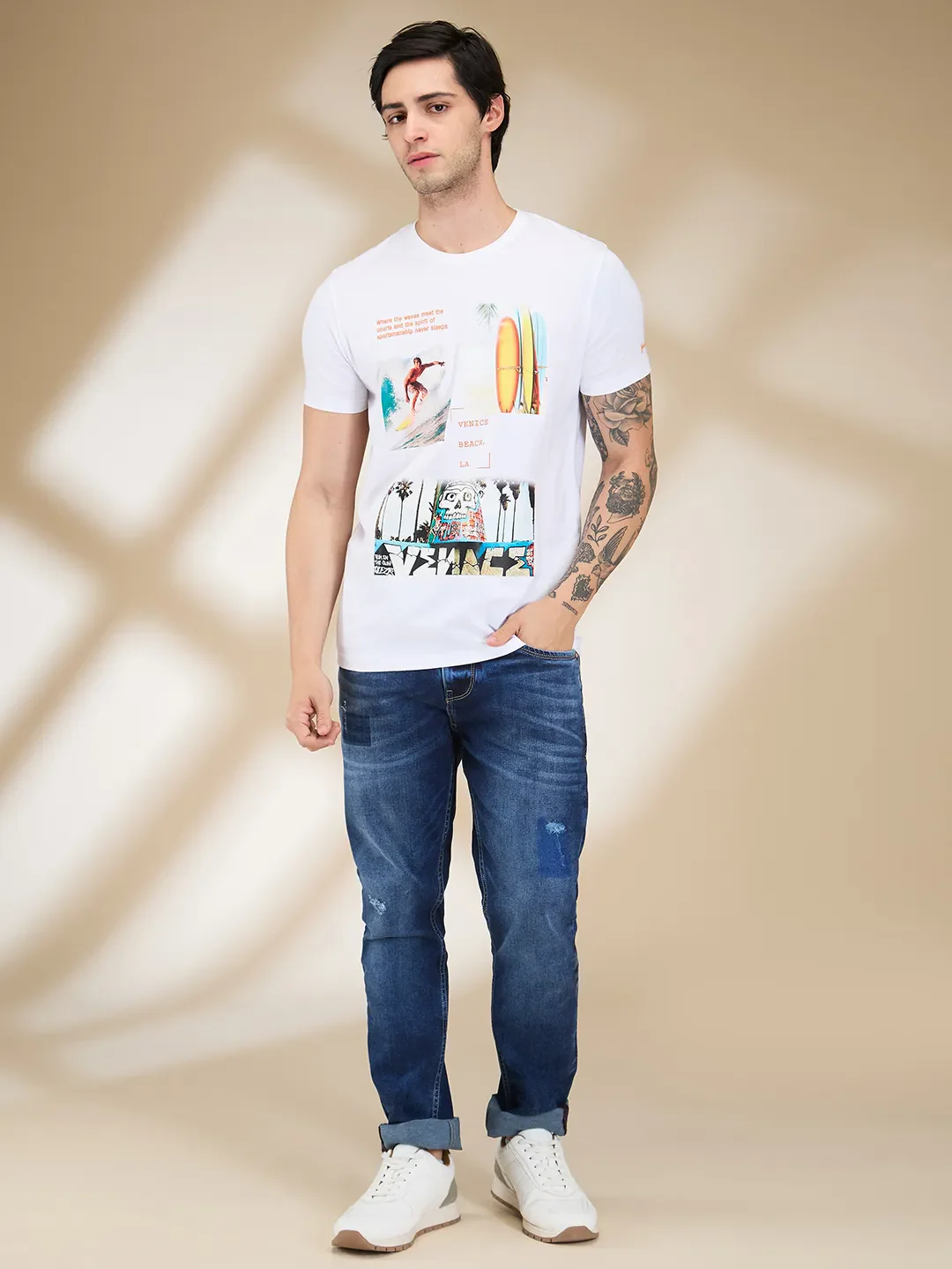 White Slim Fit Round Neck Men's T-Shirt by Being Human Clothing - Image 2