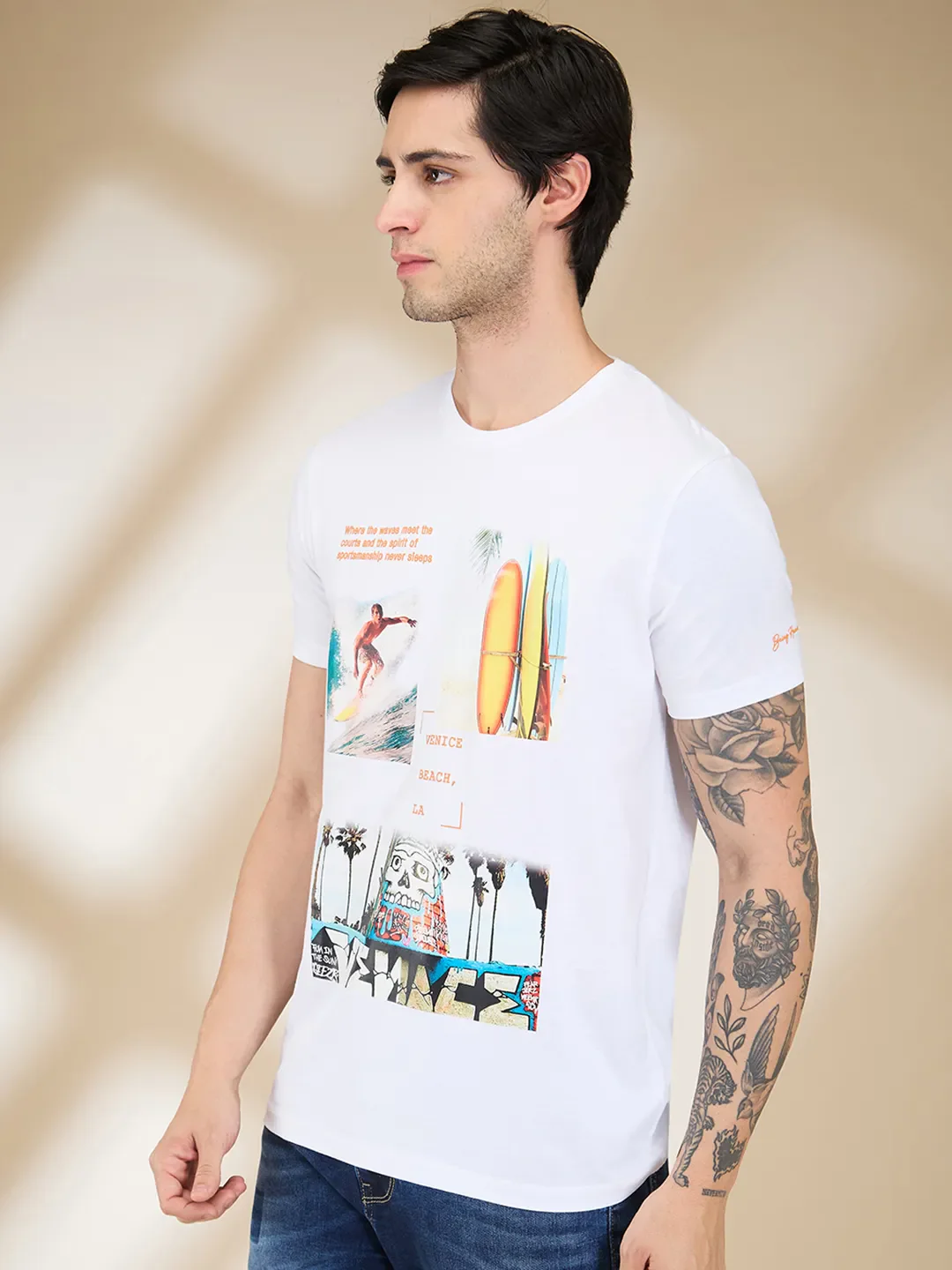 White Slim Fit Round Neck Men's T-Shirt by Being Human Clothing - Image 4