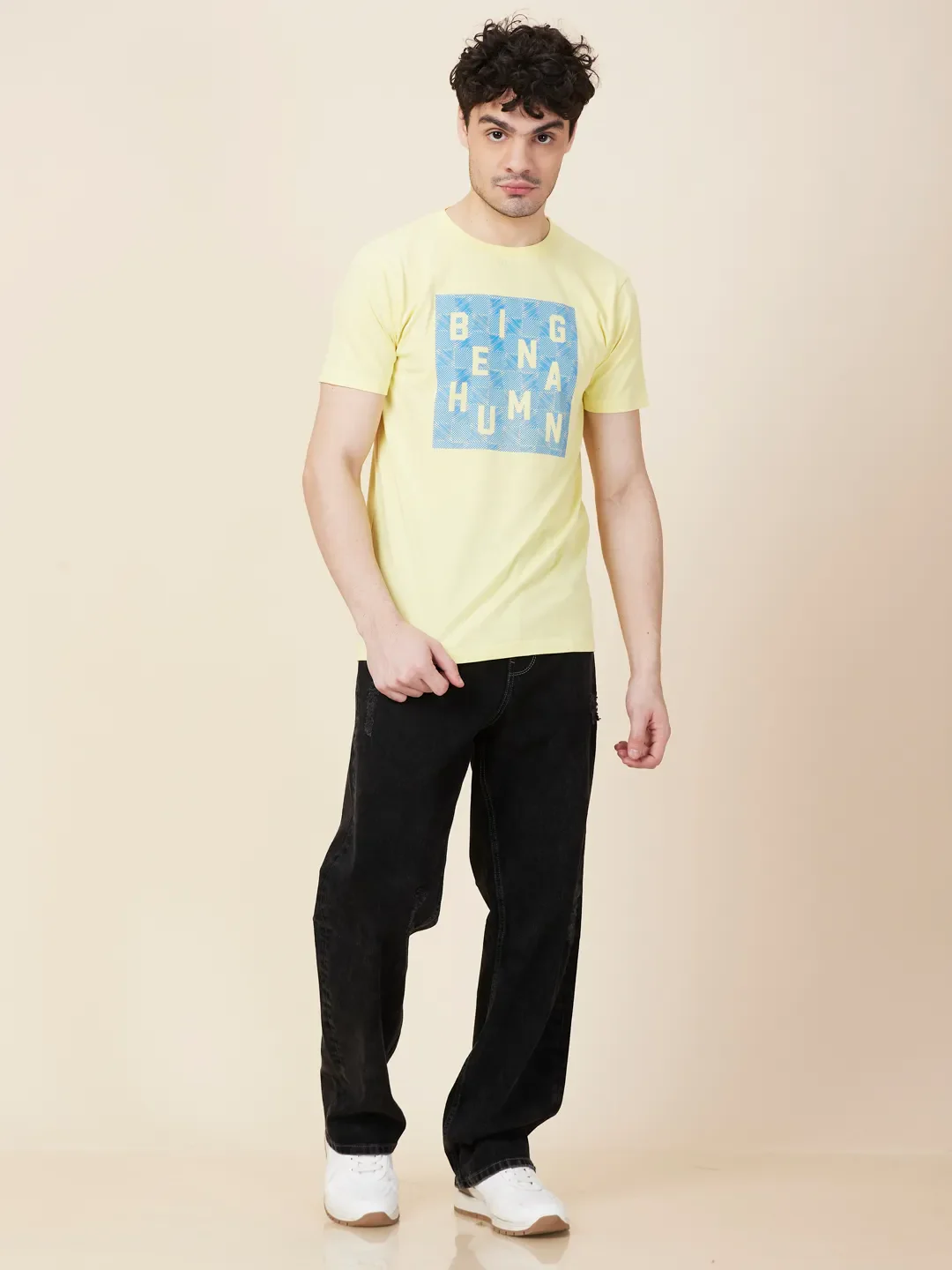 Yellow Slim Fit Round Neck Men's T-Shirt by Being Human Clothing - Image 2