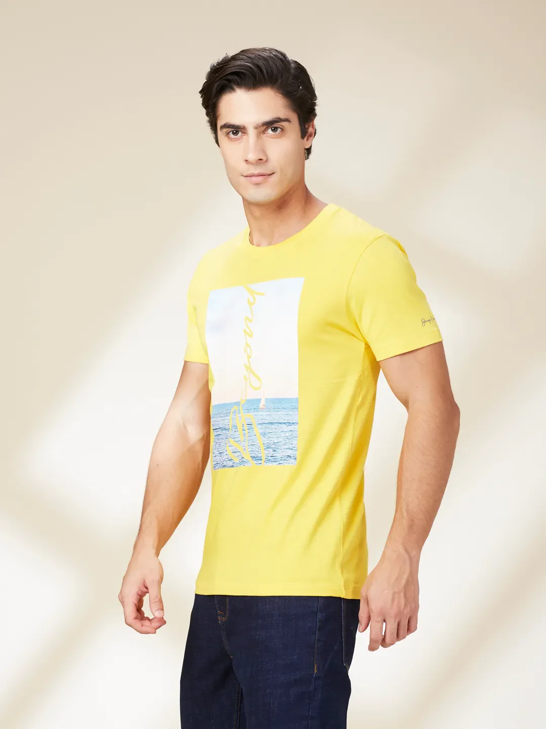 Yellow Slim Fit Round Neck Men's T-Shirt by Being Human Clothing - Image 4