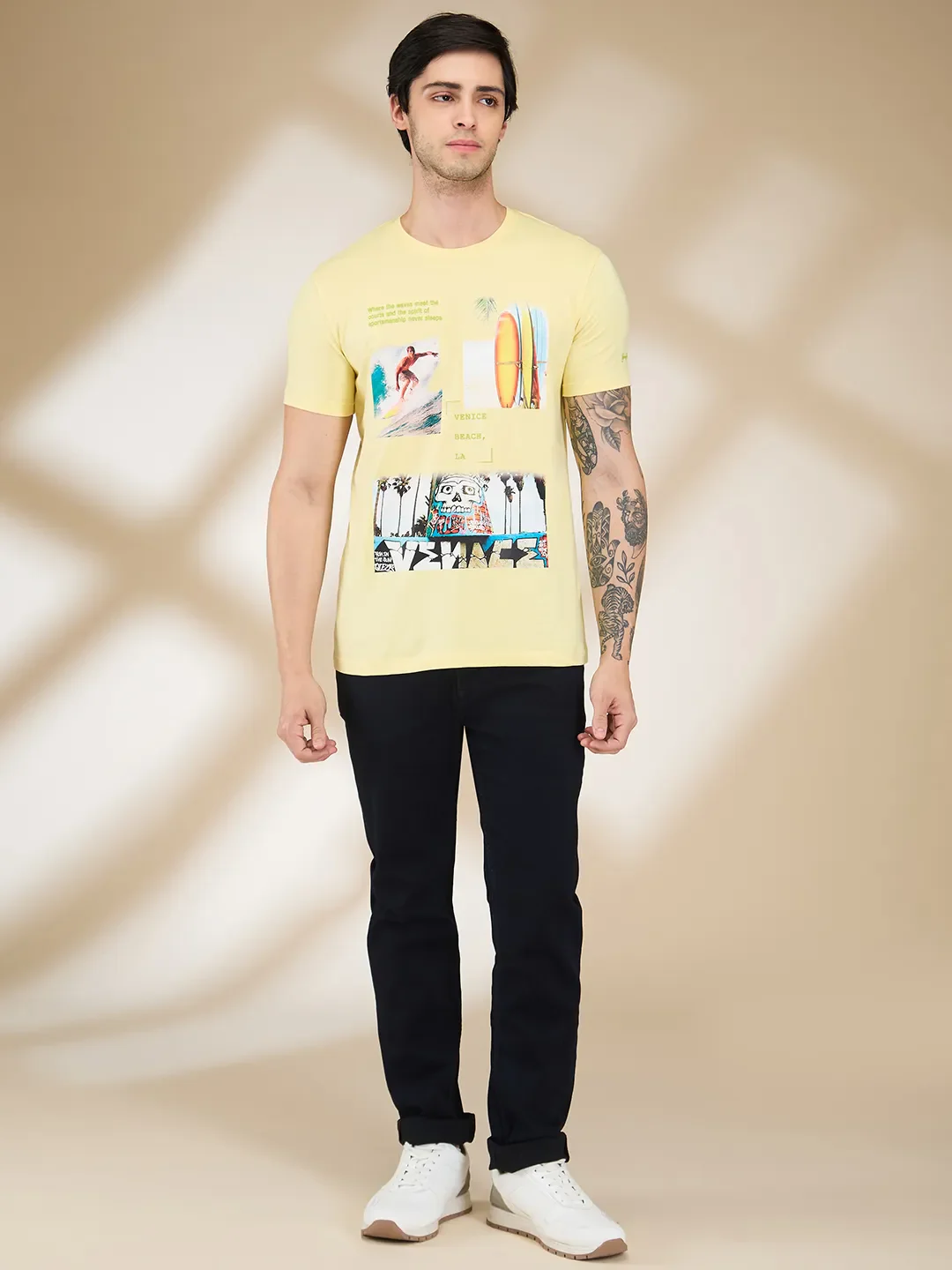 Yellow Slim Fit Round Neck Men's T-Shirt by Being Human Clothing - Image 2