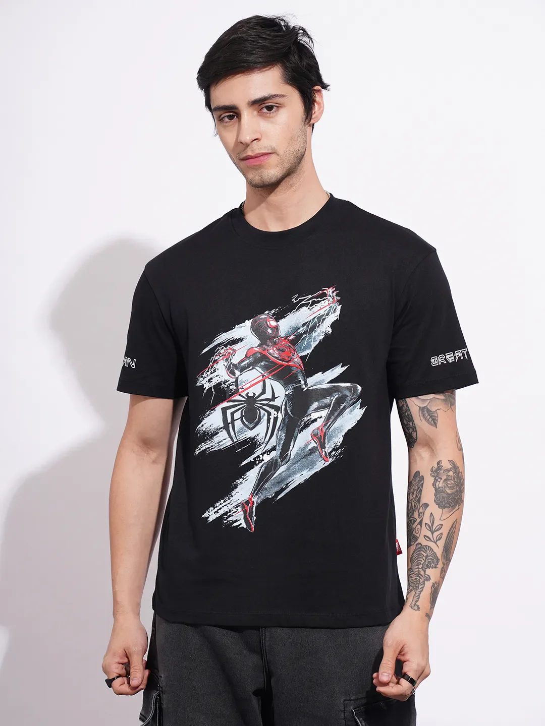 Spiderman Black Easy Fit Round Neck Men's T-Shirt by Being Human Clothing