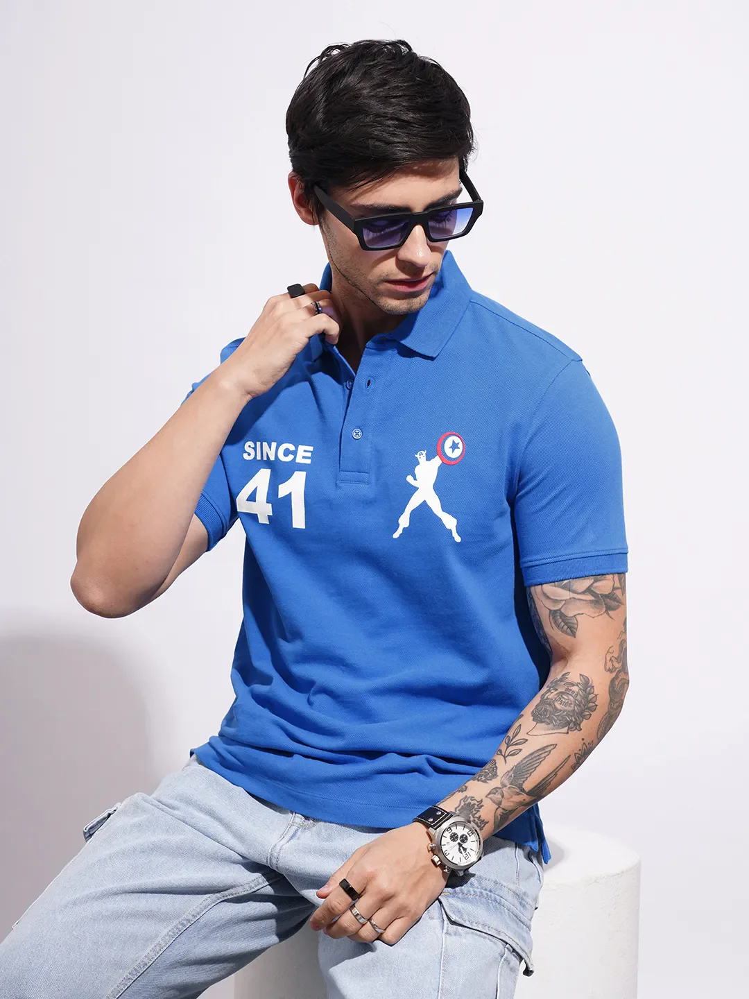 Captain America Blue Regular Fit Men's Polo T-Shirt by Being Human Clothing - Image 6