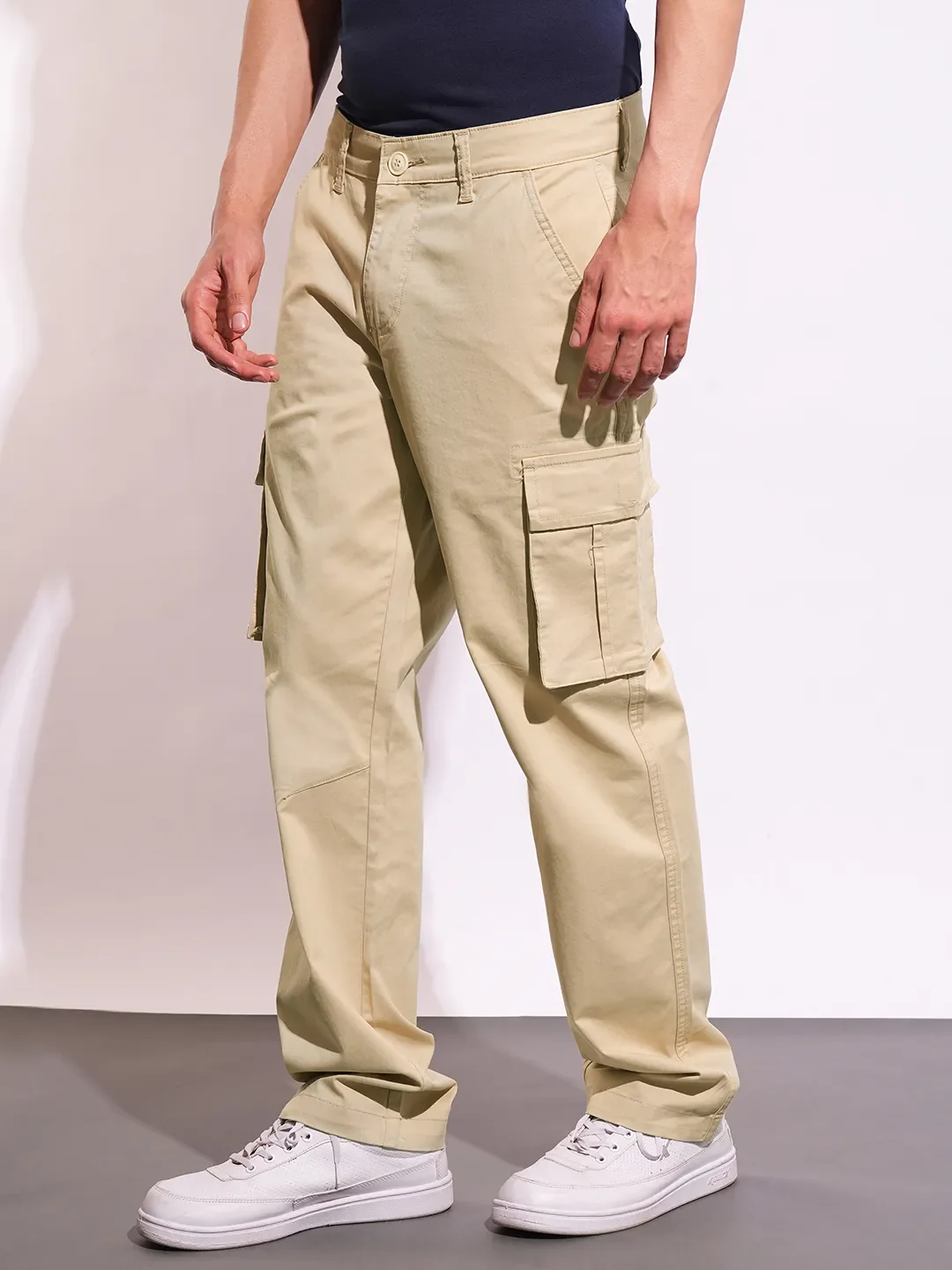 Beige Slim Fit Men's Cargos by Being Human Clothing - Image 2