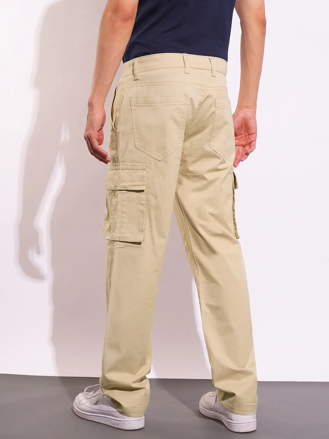 Beige Slim Fit Men's Cargos by Being Human Clothing - Image 3