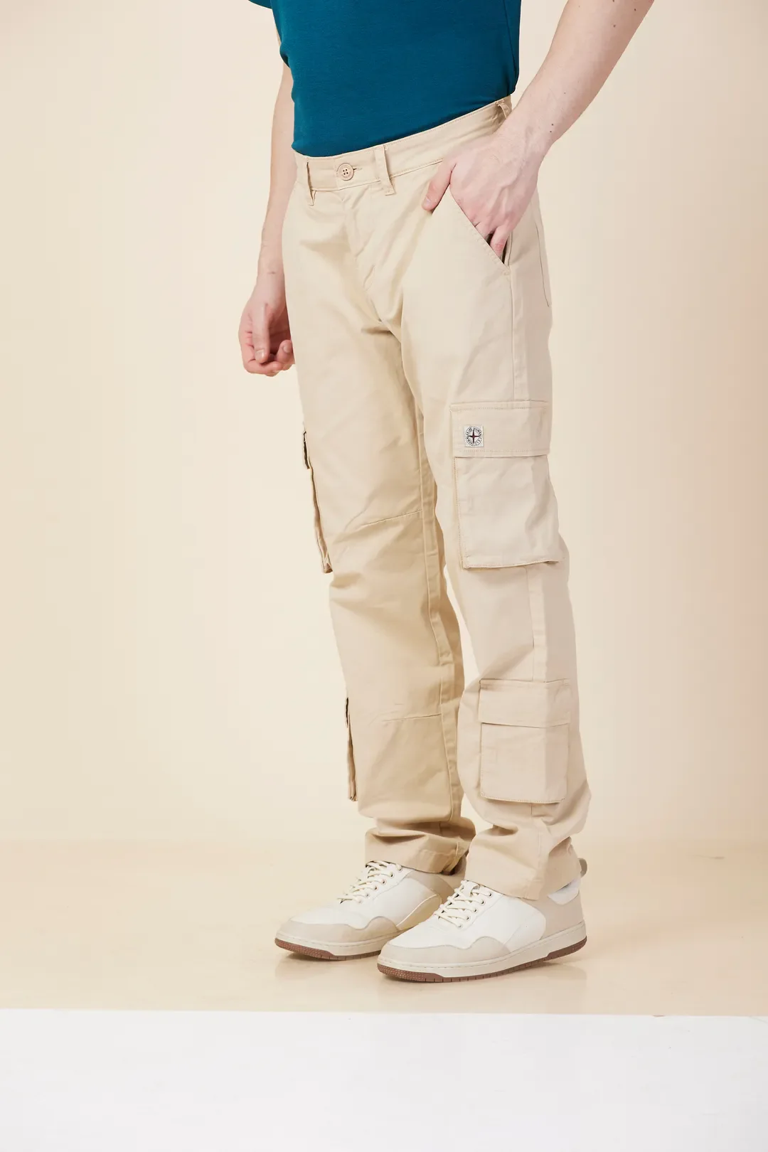 Oat Milk Loose Fit Cargos for Men By Being Human Clothing - Image 4