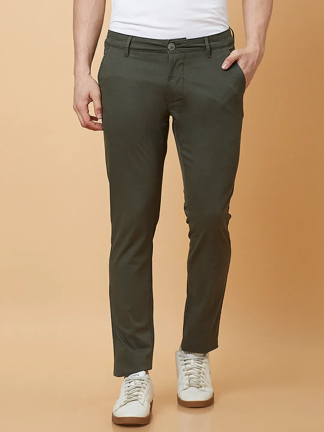 Military Green Slim Fit Chinos For Men By Being Human Clothing