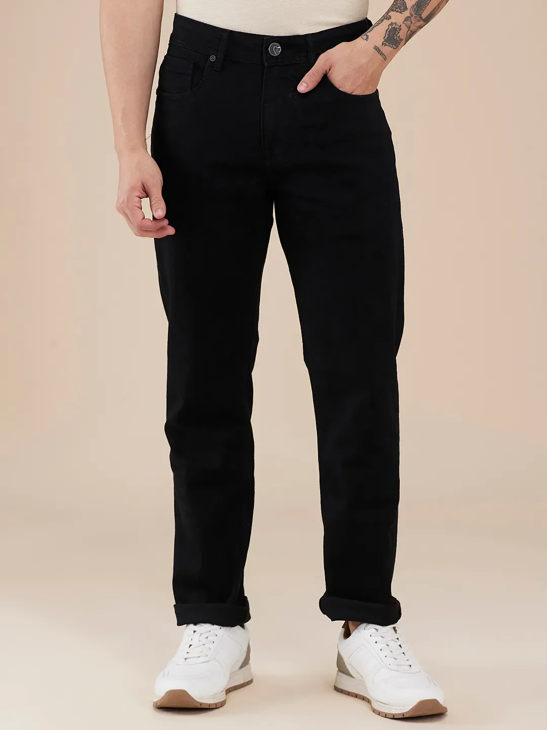 Black Straight Fit Denims For Men By Being Human Clothing