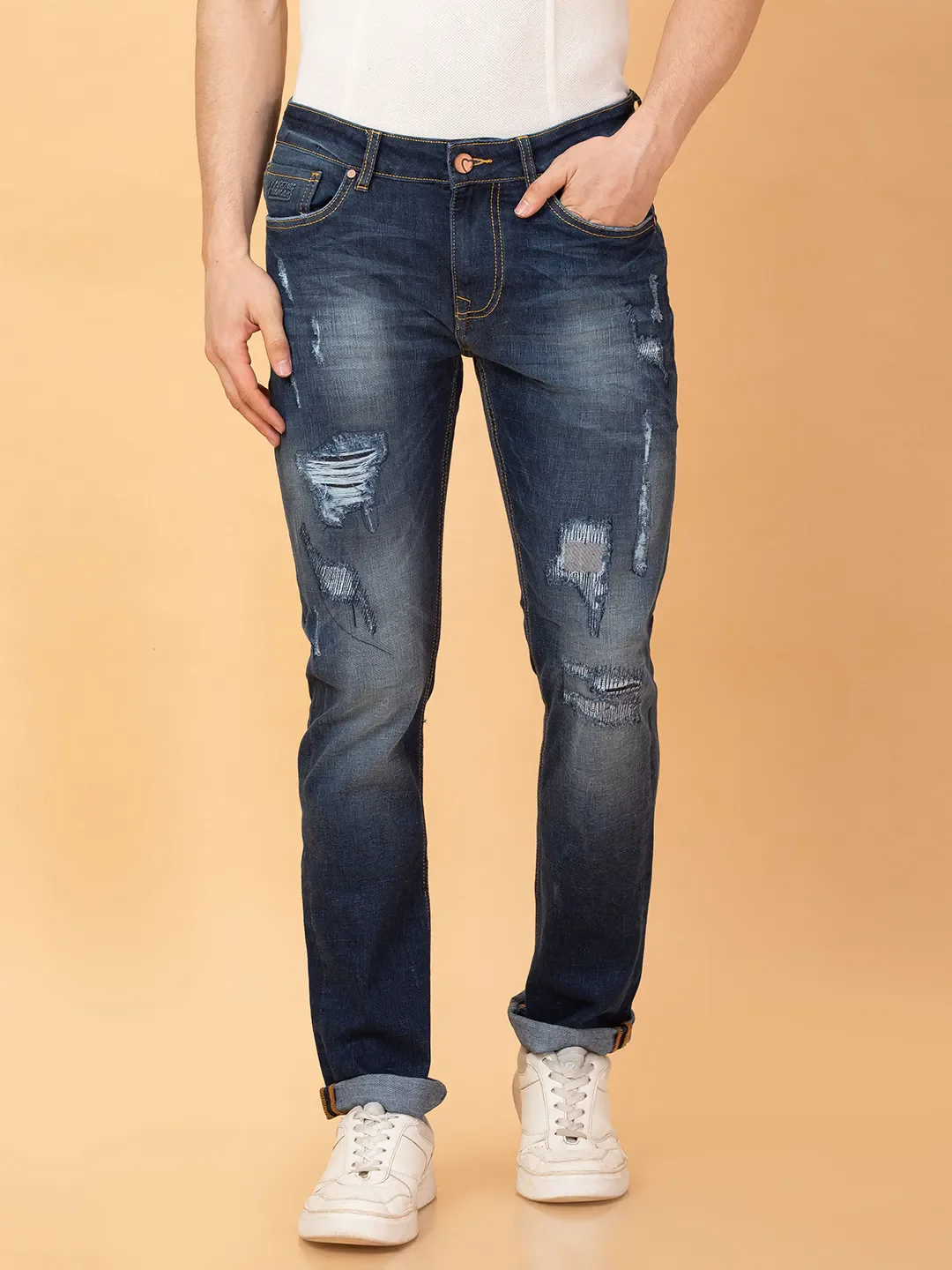 Dark Blue Straight Fit Denims For Men By Being Human Clothing