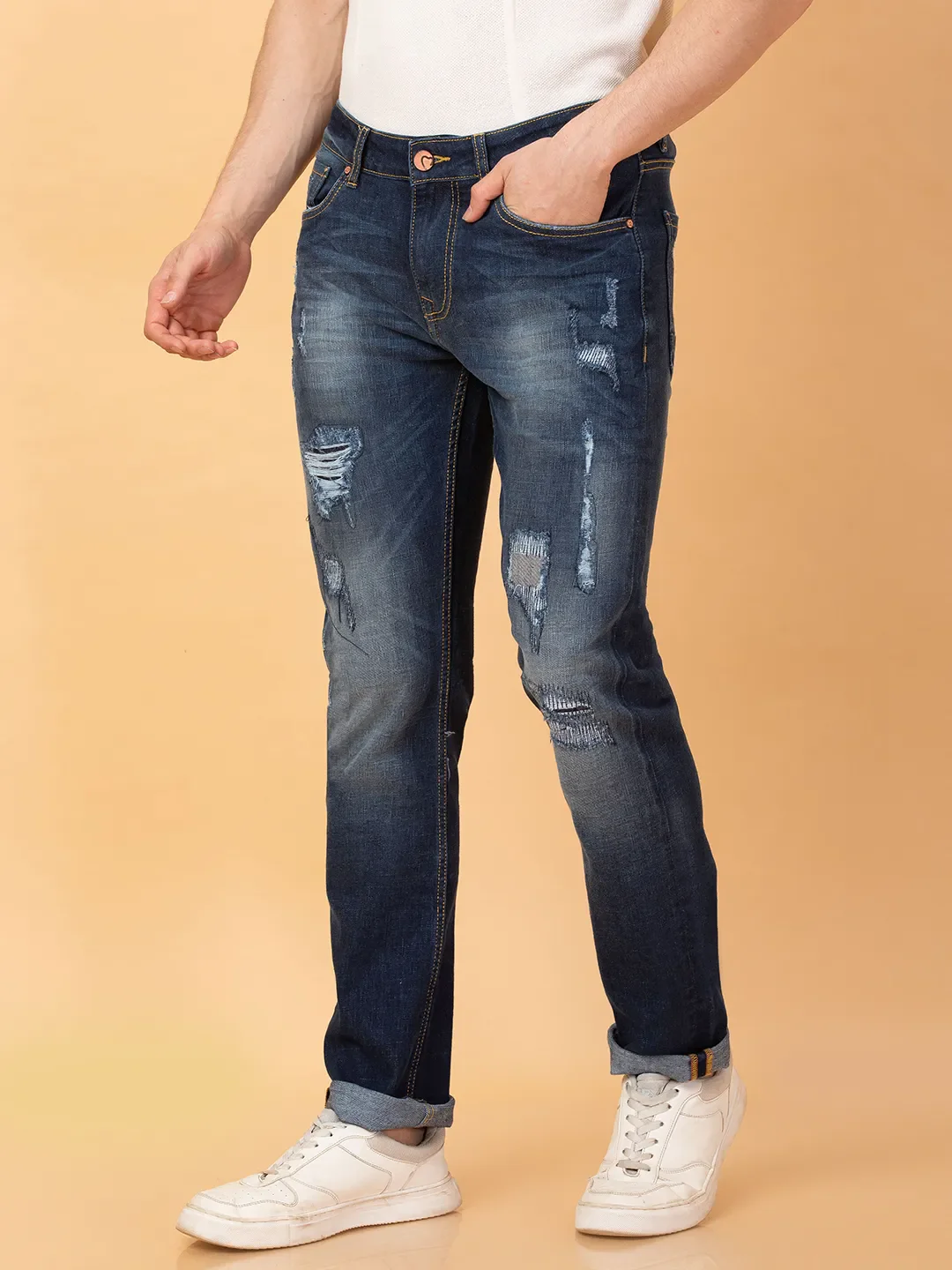 Dark Blue Straight Fit Denims For Men By Being Human Clothing - Image 4