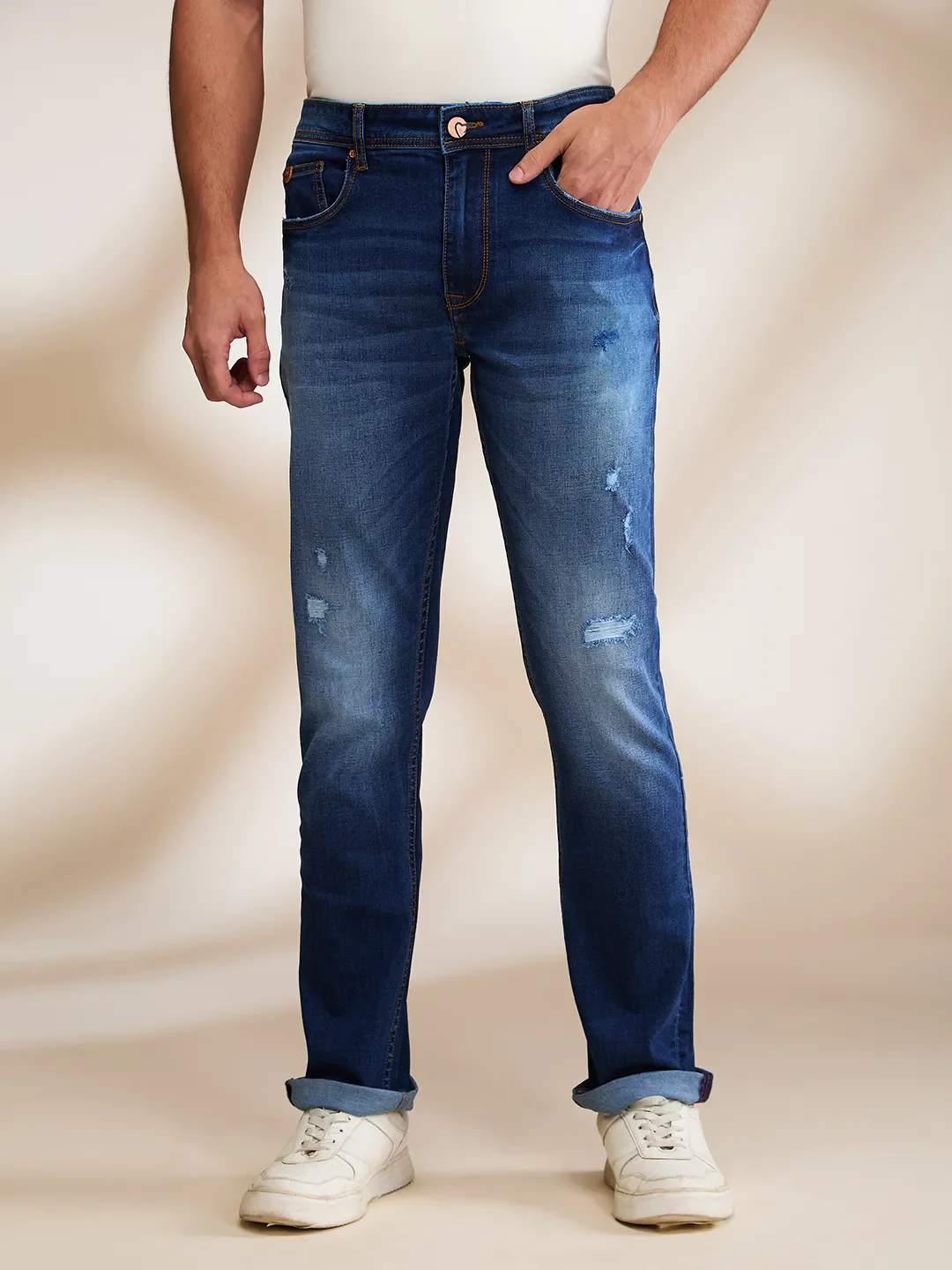 Dark Blue Straight Fit Denims For Men By Being Human Clothing