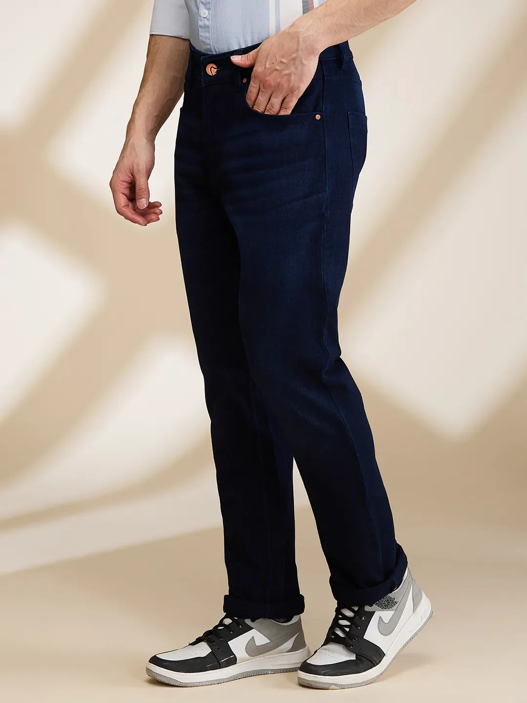 Dark Blue Straight Fit Denims For Men By Being Human Clothing - Image 4