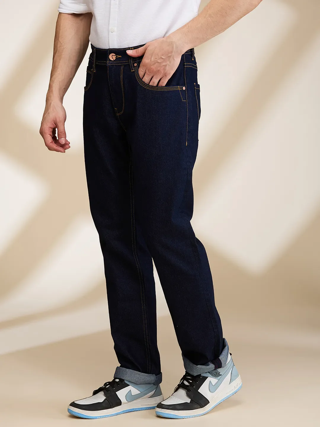 Dark Blue Straight Fit Denims For Men By Being Human Clothing - Image 4