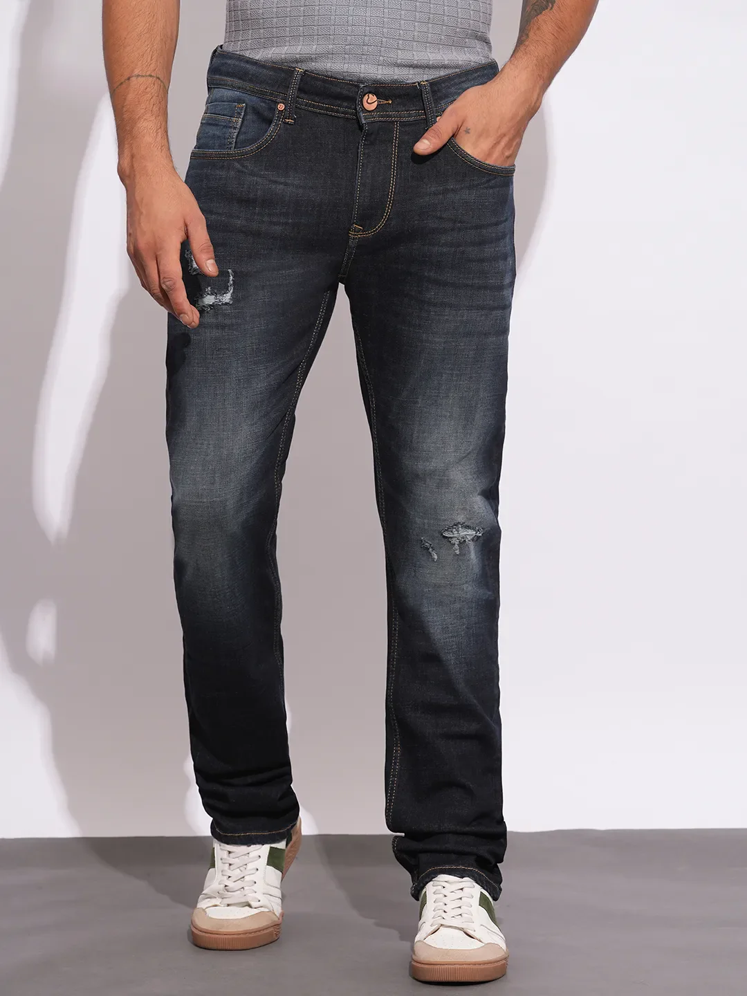 Dark Blue Straight Fit Denims For Men By Being Human Clothing