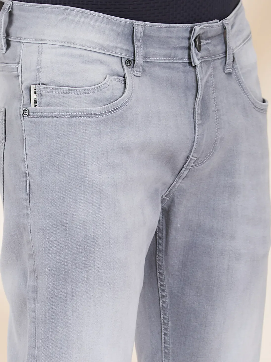 Grey Cropped Fit Denims For Men By Being Human Clothing - Image 5