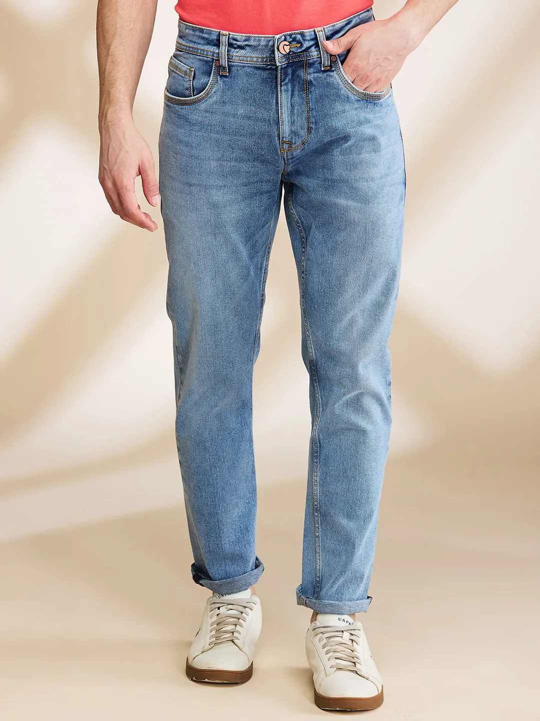 Light Blue Cropped Fit Denims For Men By Being Human Clothing