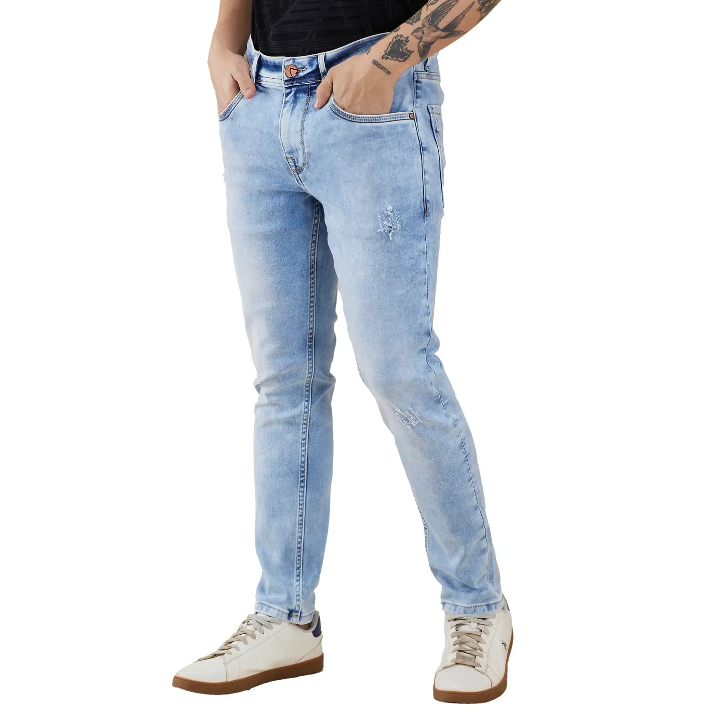Light Blue Cropped Fit Denims For Men By Being Human Clothing - Image 4
