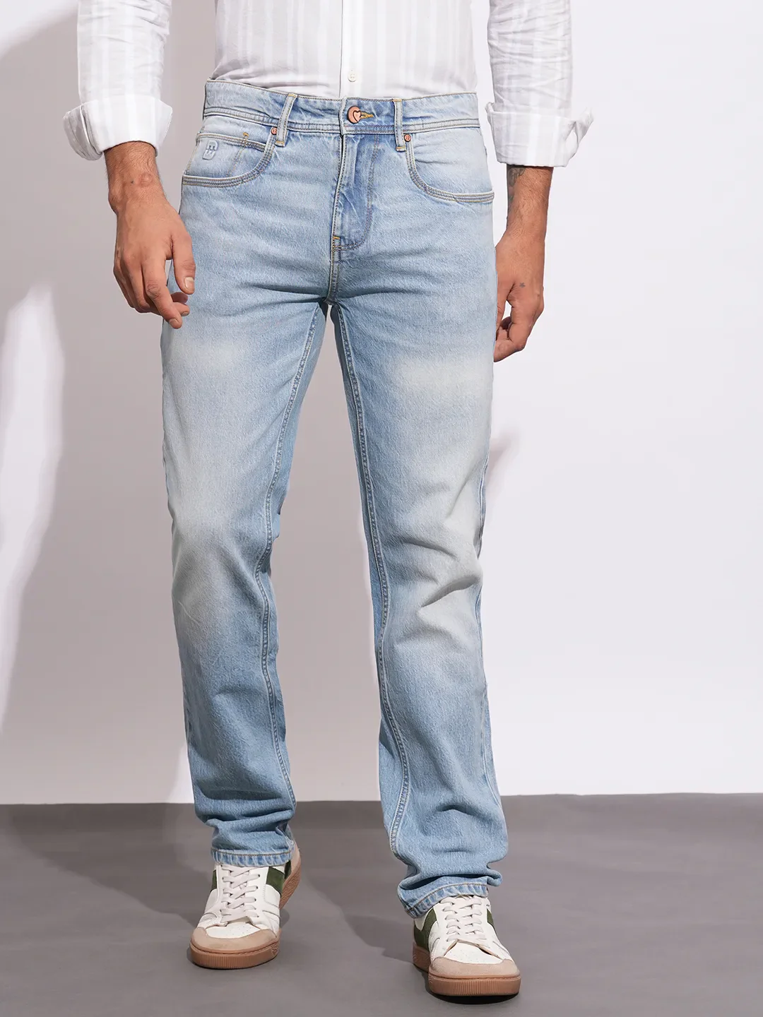 Light Blue Straight Fit Denims For Men By Being Human Clothing