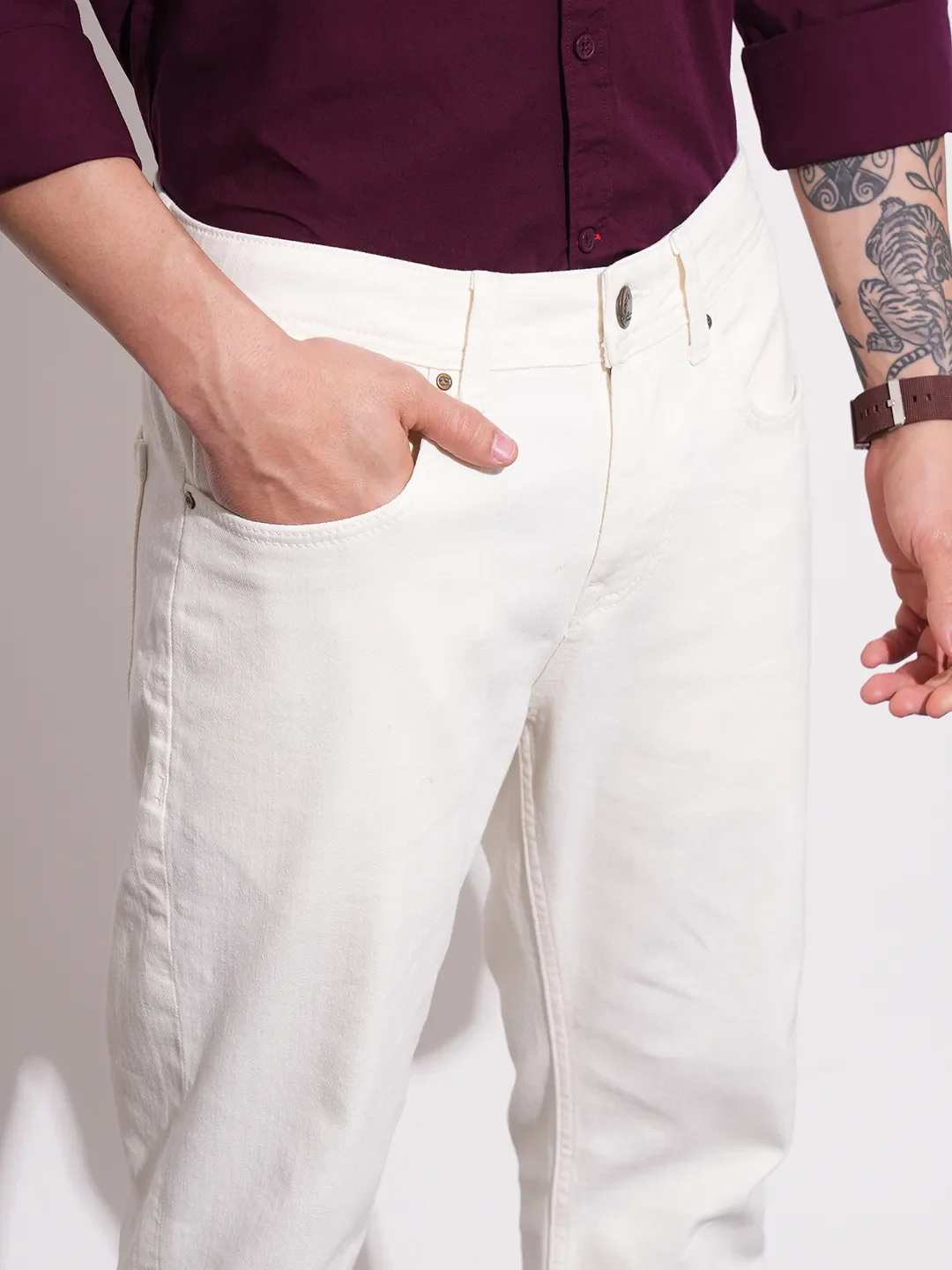White Straight Fit Men's Denims by Being Human Clothing - Image 6