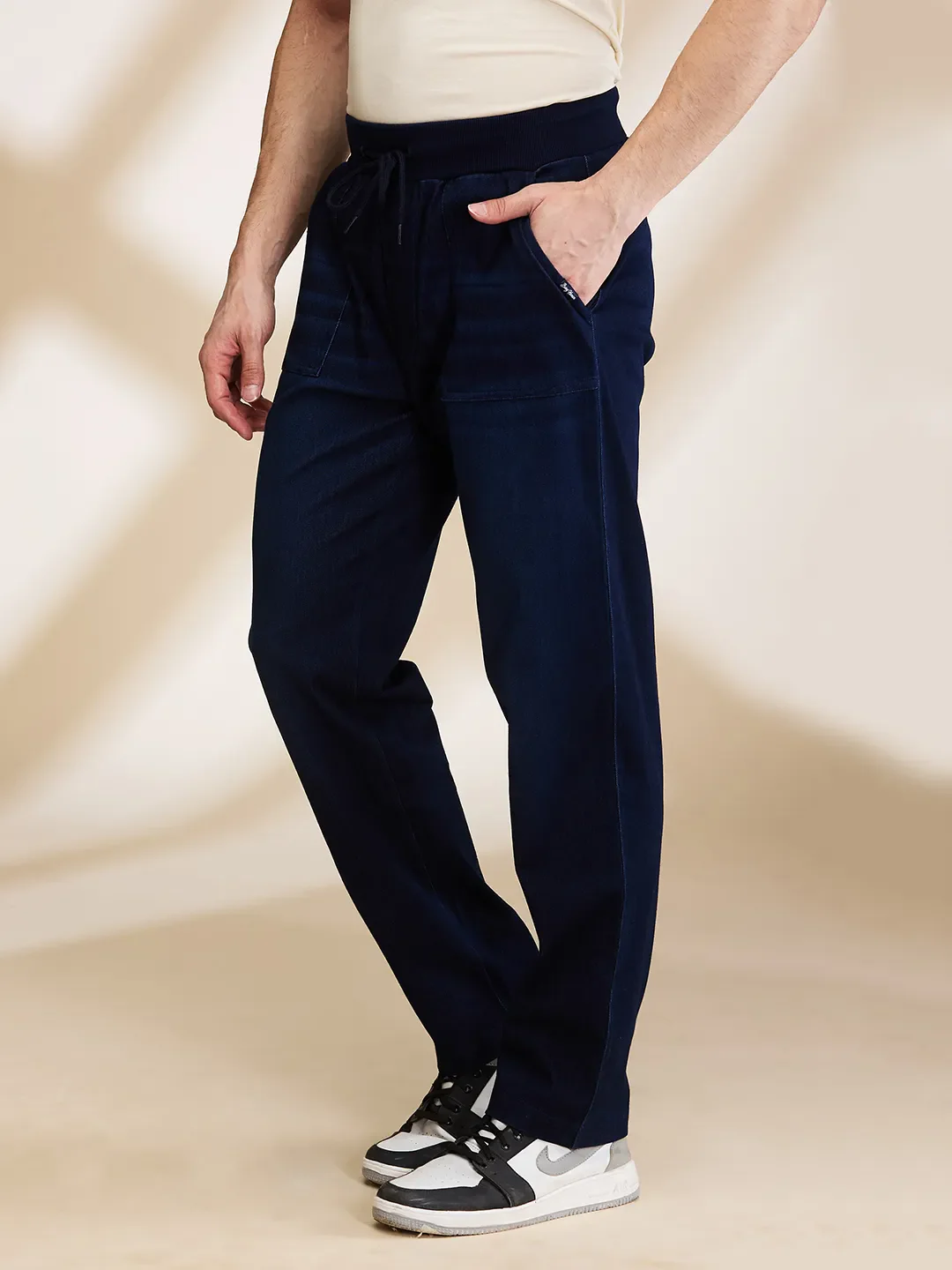 Dark Blue Straight Fit Joggers For Men By Being Human Clothing - Image 4