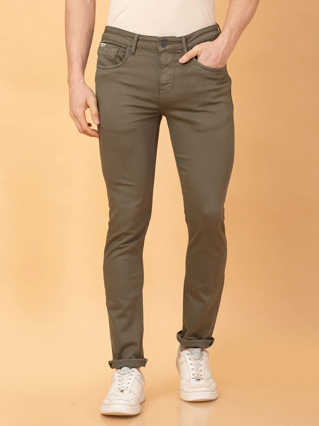 Olive Slim Fit Denims For Men By Being Human Clothing