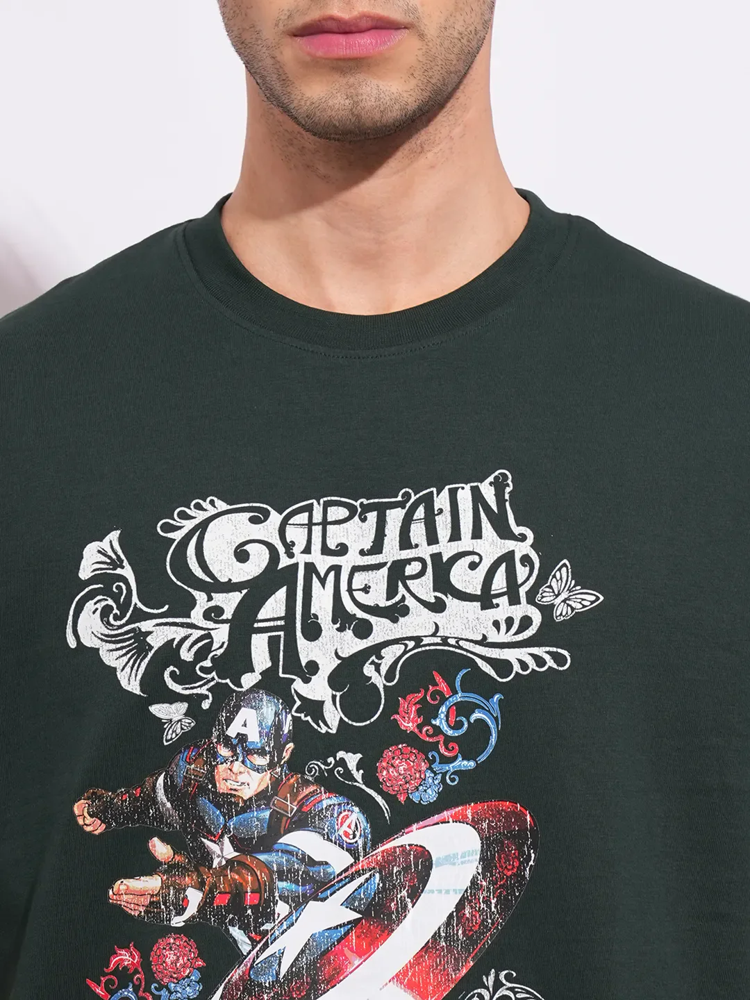 Captain America Dark Green Easy Fit Round Neck Men's T-Shirt by Being Human Clothing - Image 5