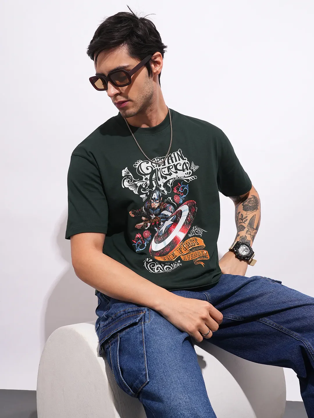 Captain America Dark Green Easy Fit Round Neck Men's T-Shirt by Being Human Clothing - Image 6