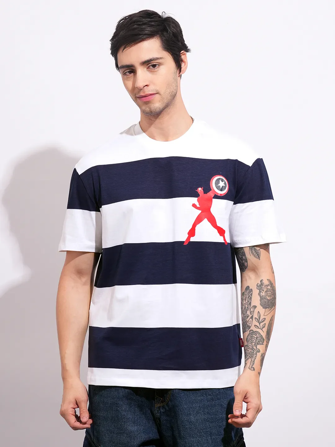 Captain America Navy Easy Fit Round Neck Men's T-Shirt by Being Human Clothing