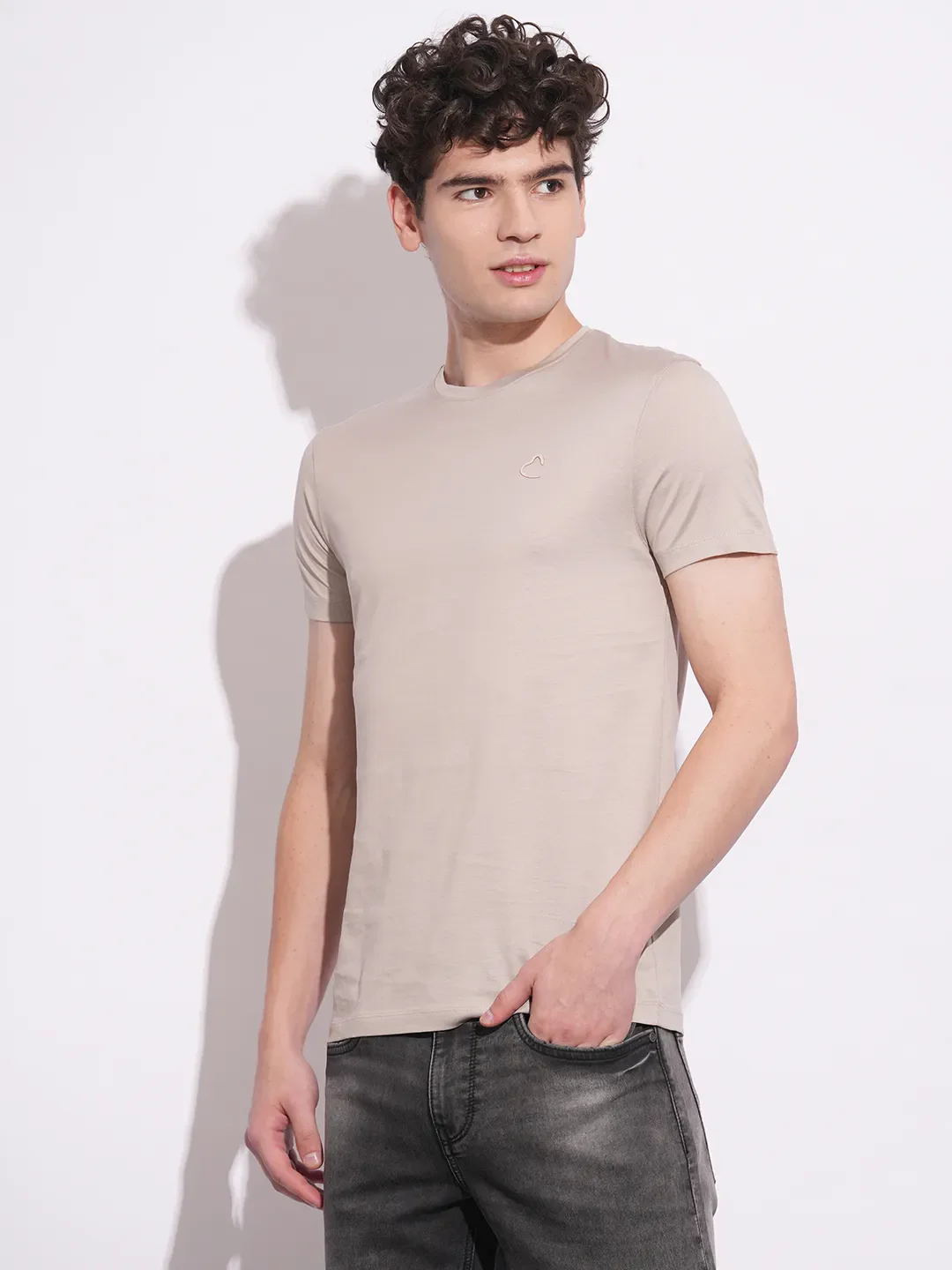 Beige Slim Fit Round Neck Men's T-Shirt by Being Human Clothing - Image 2
