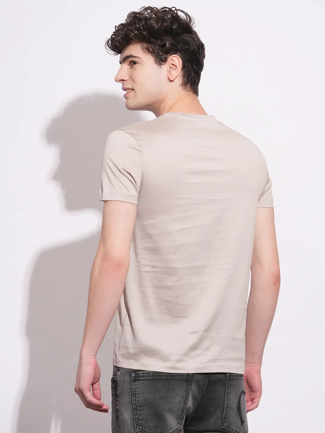 Beige Slim Fit Round Neck Men's T-Shirt by Being Human Clothing - Image 3