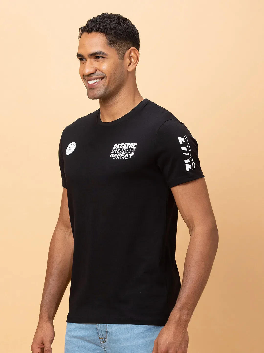 Black Slim Fit Round Neck Men's T-Shirt by Being Human Clothing - Image 4