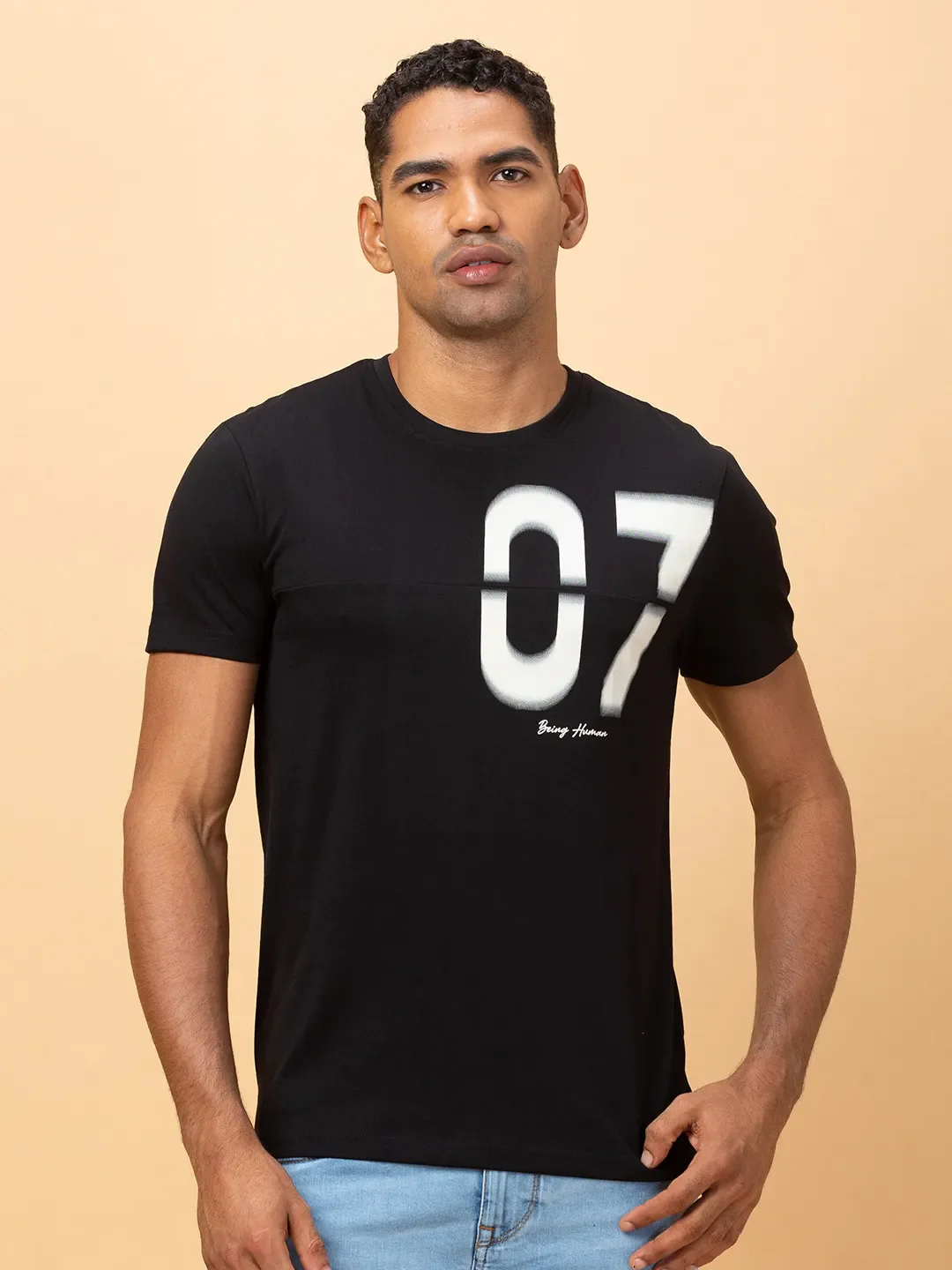 Black Slim Fit Round Neck Men's T-Shirt by Being Human Clothing