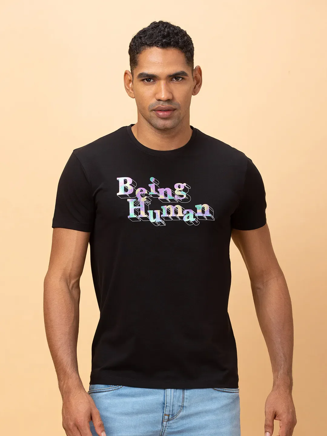 Black Regular Fit Round Neck Men's T-Shirt by Being Human Clothing