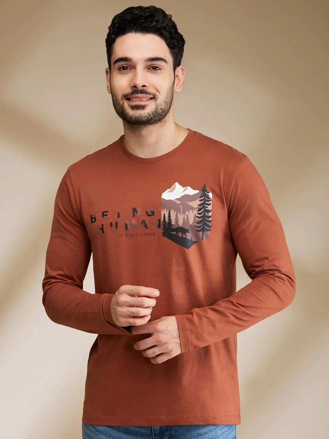 Brown Regular Fit Men's Long Sleeves T-Shirt by Being Human Clothing