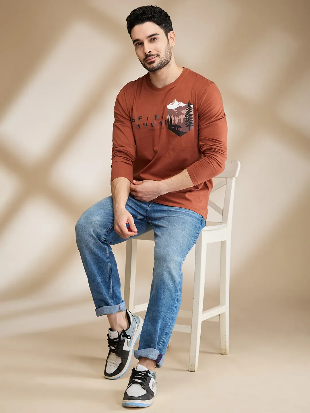 Brown Regular Fit Men's Long Sleeves T-Shirt by Being Human Clothing - Image 6