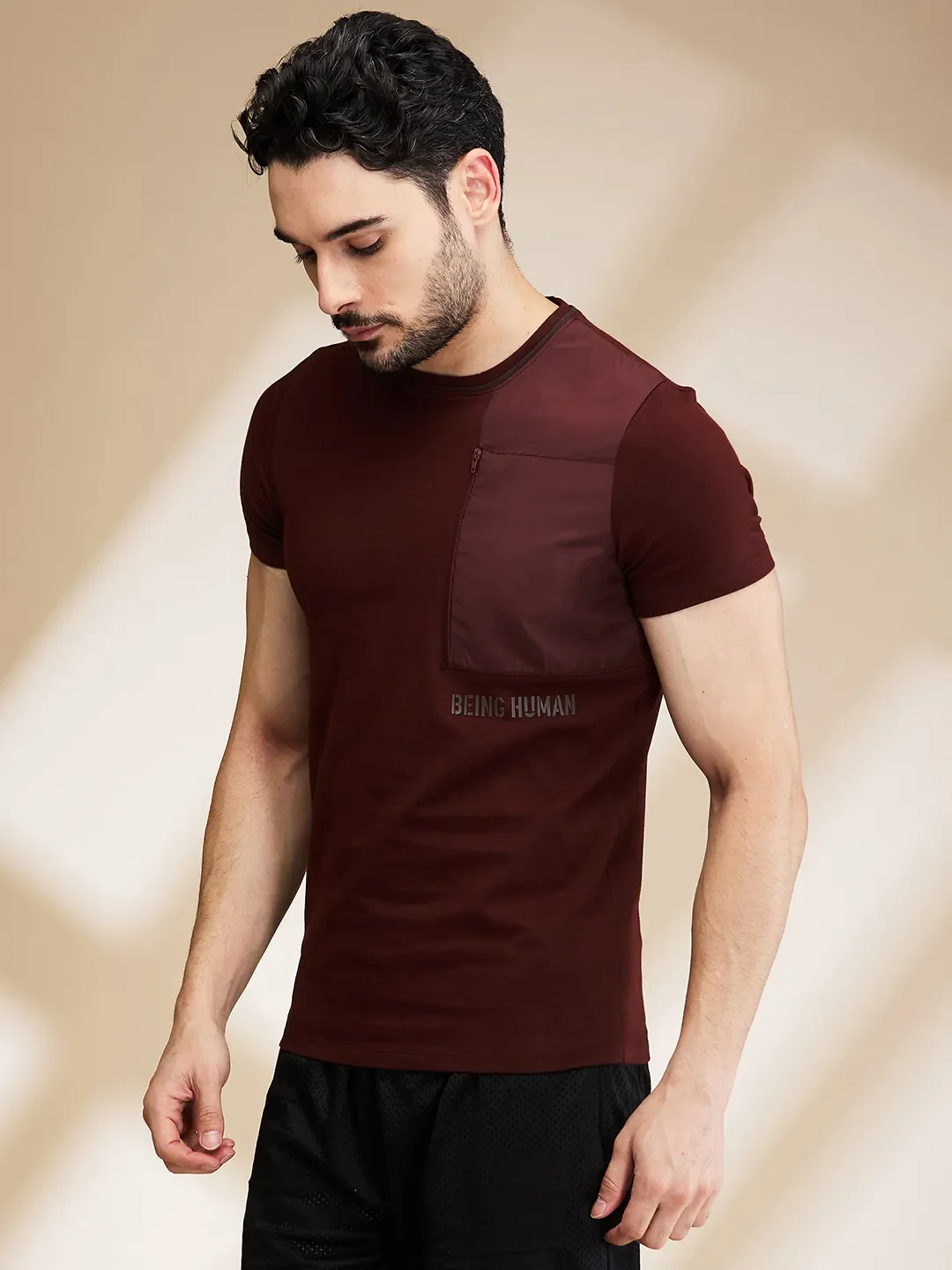 Brown Slim Fit Round Neck Men's T-Shirt by Being Human Clothing - Image 4