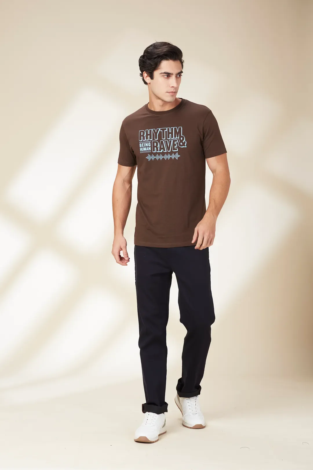 Brown Slim Fit Round Neck Men's T-Shirt by Being Human Clothing - Image 3