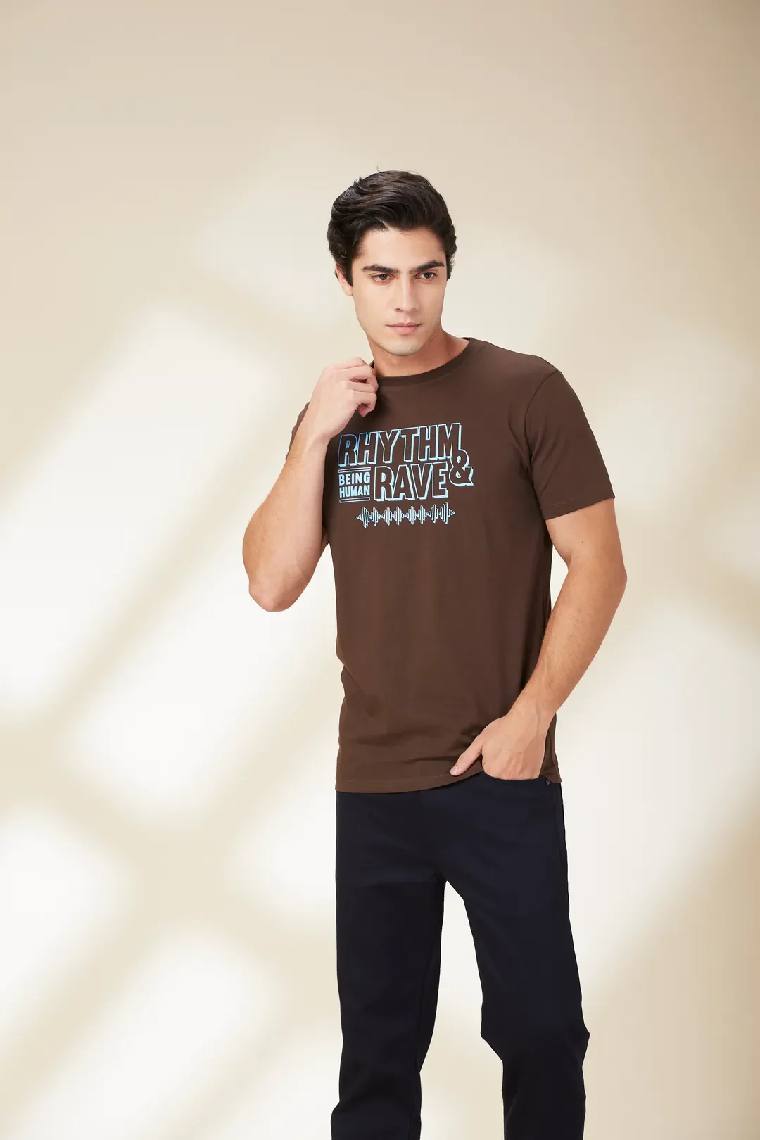 Brown Slim Fit Round Neck Men's T-Shirt by Being Human Clothing - Image 5