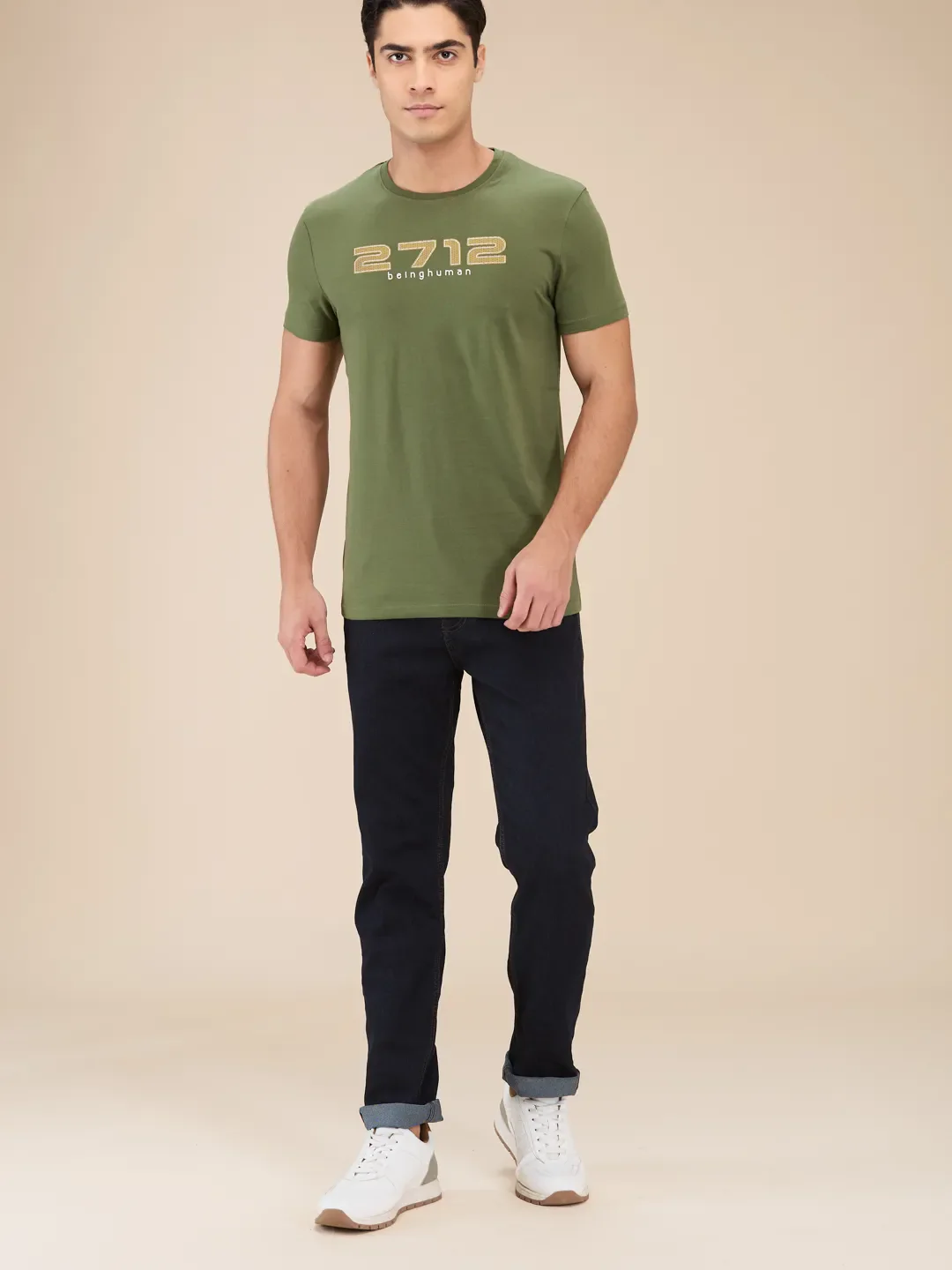 Dark Olive Regular Fit Round Neck Men's T-Shirt by Being Human Clothing - Image 2
