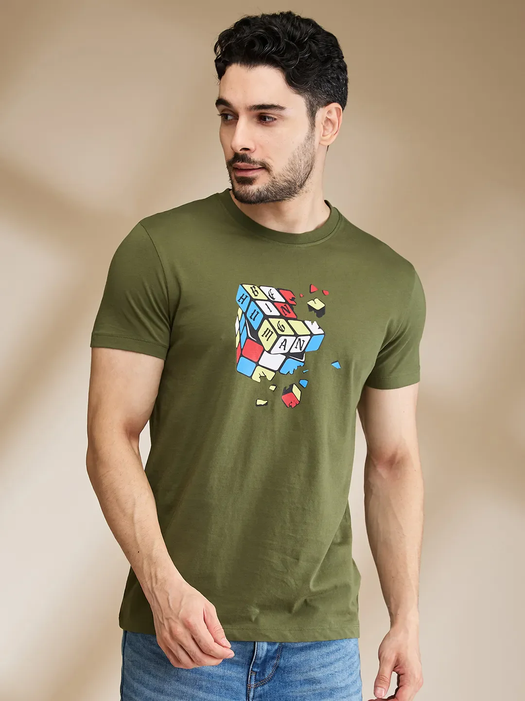 Dark Olive Regular Fit Round Neck Men's T-Shirt by Being Human Clothing
