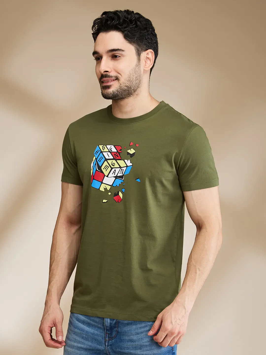 Dark Olive Regular Fit Round Neck Men's T-Shirt by Being Human Clothing - Image 4