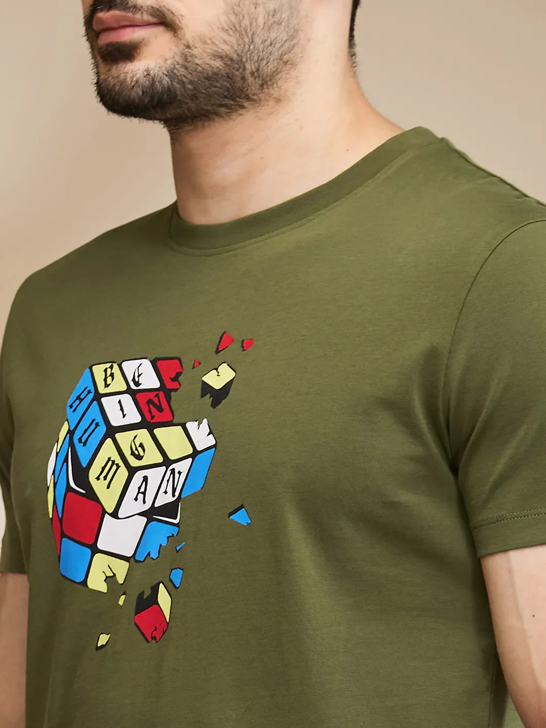 Dark Olive Regular Fit Round Neck Men's T-Shirt by Being Human Clothing - Image 5