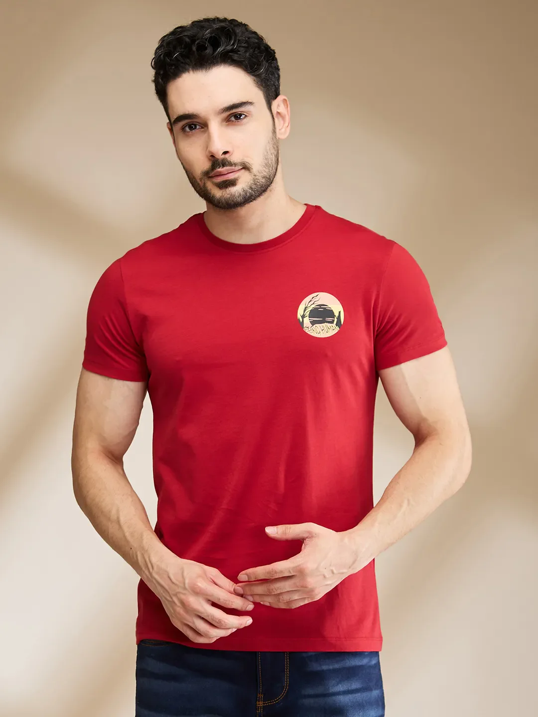 Red Regular Fit Men's Short Sleeves T-Shirt by Being Human Clothing