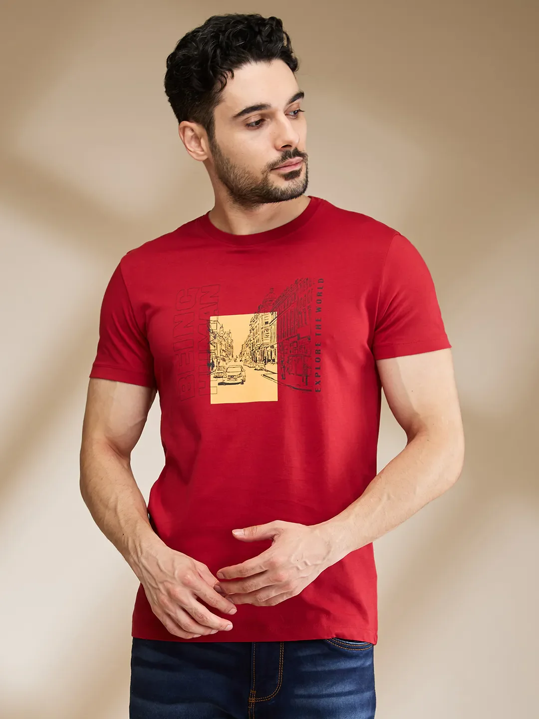 Red Regular Fit Men's Short Sleeves T-Shirt by Being Human Clothing