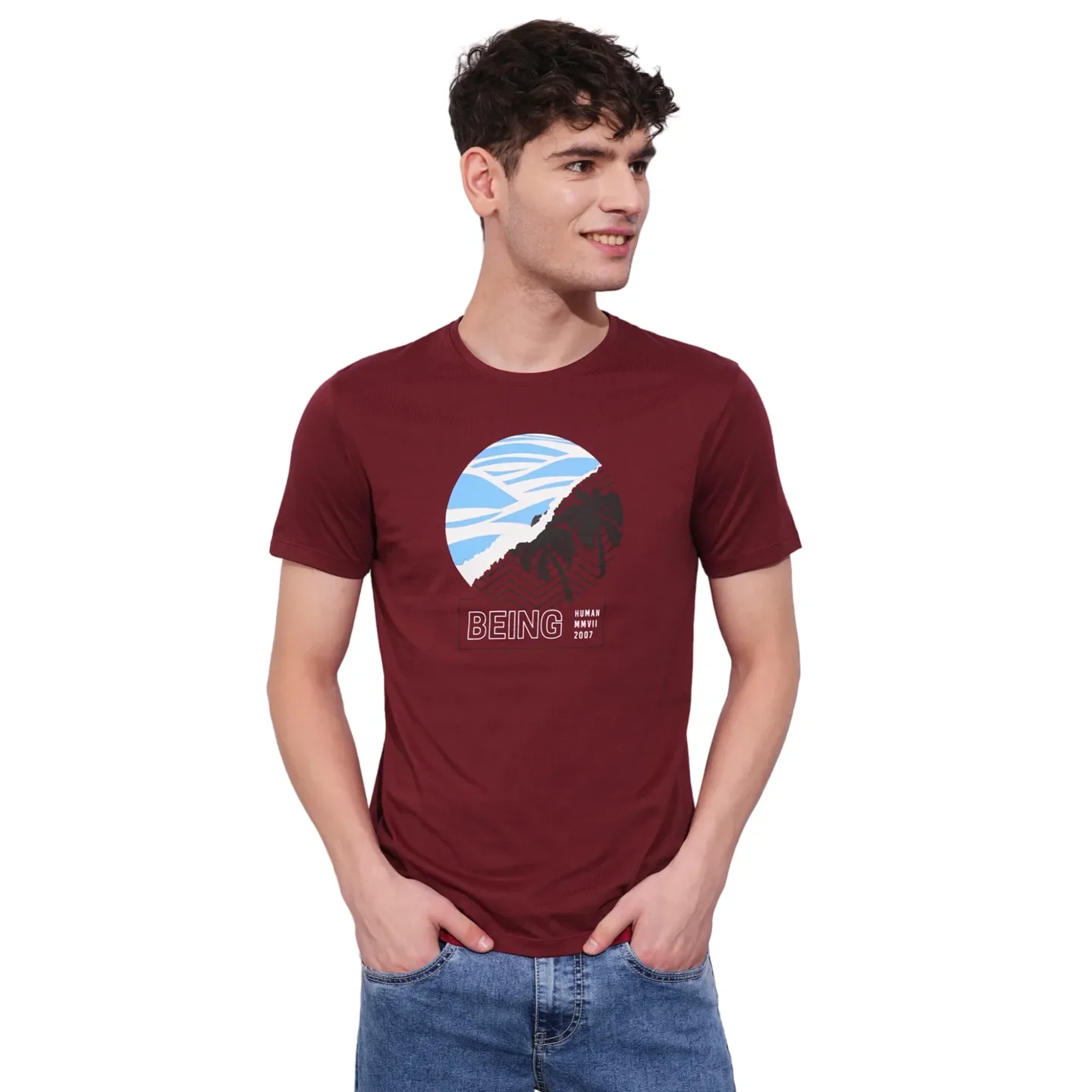 Dark Red Regular Fit Round Neck Men's T-Shirt by Being Human Clothing