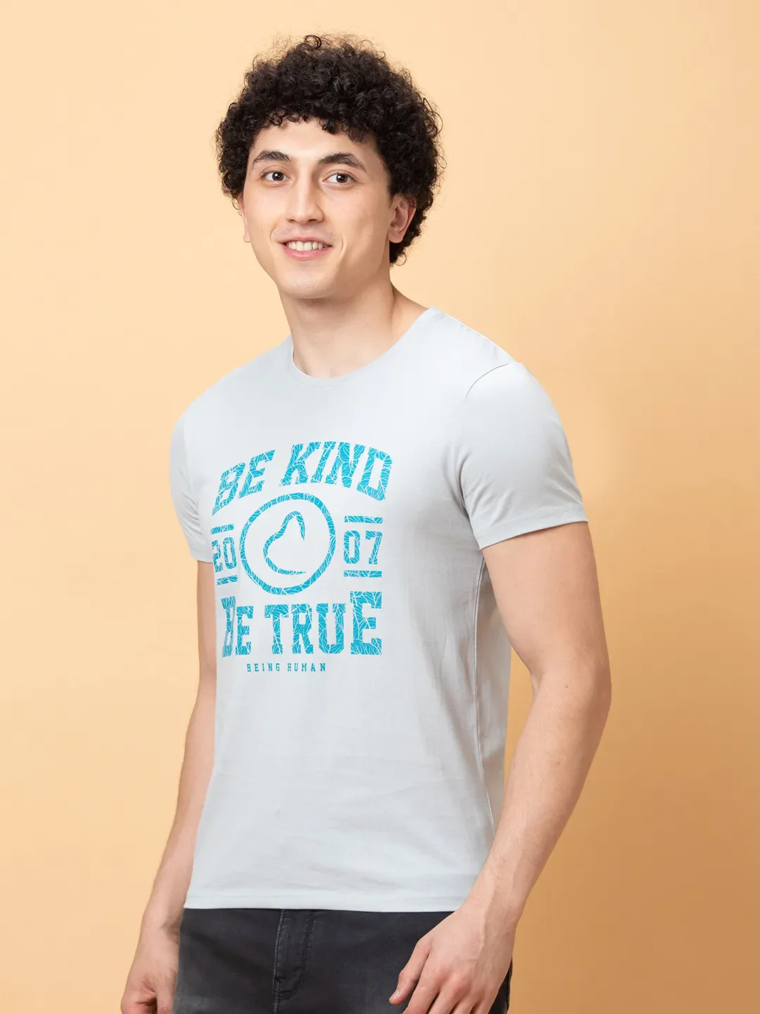 Light Grey Slim Fit Round Neck Men's T-Shirt by Being Human Clothing - Image 4
